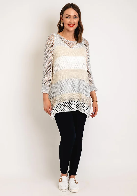 Serafina Collection One Size Ajour Knit Sweater, Silver Mesh Blend Leather Blend Suede Blend Serafina Collection One Size Ajour Knit Sweater, Silver Mesh Blend Leather Blend Suede Blend