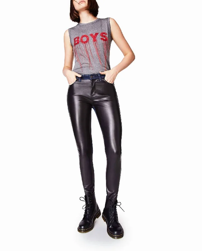 Leather And Denim Jean In Black Leather Denim Casual Wide-Legged Denim Jeans