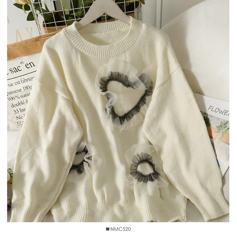 Mesh stitched heart-shaped loose thin medium length sweater for women 1959 Wool Sweater Cotton Sweater Cashmere Sweater Mesh stitched heart-shaped loose thin medium length sweater for women 1959 Wool Sweater Cotton Sweater Cashmere Sweater