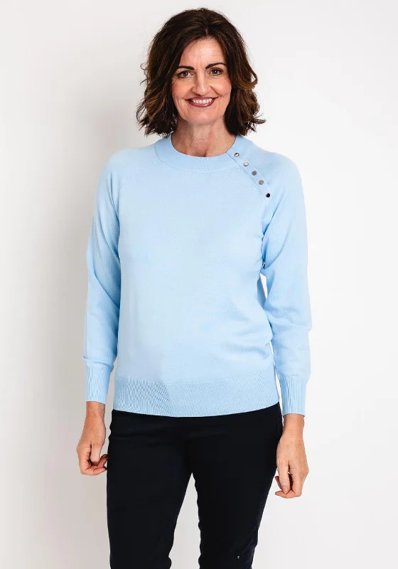 Micha Button Shoulder Sweater, Light Blue Nylon Fabric Polyester Fabric Spandex Fabric Micha Button Shoulder Sweater, Light Blue Nylon Fabric Polyester Fabric Spandex Fabric