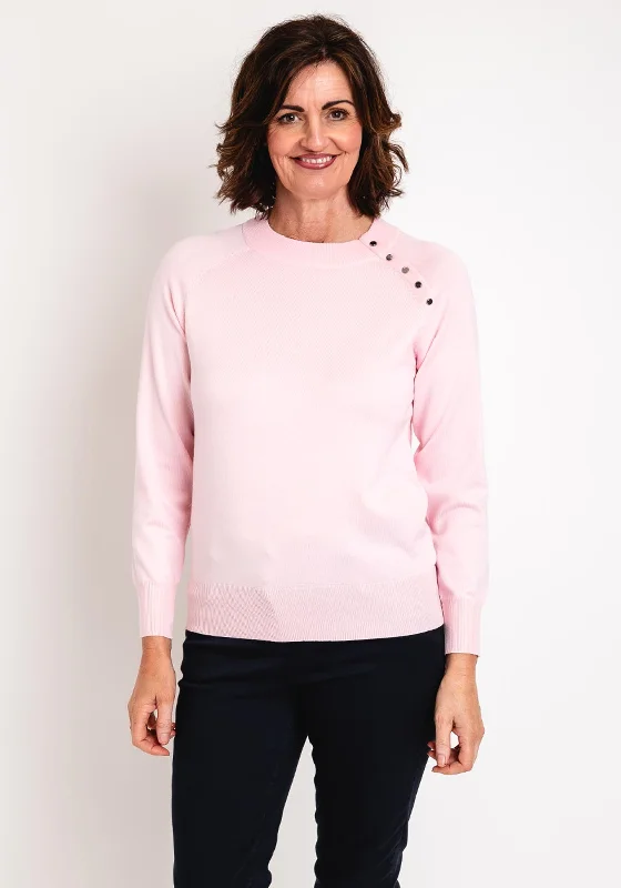 Micha Button Shoulder Sweater, Pink Ribbed Striped Patterned