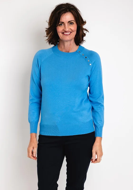 Micha Button Shoulder Sweater, Blue Chenille Fabric Brocade Fabric Lace Fabric