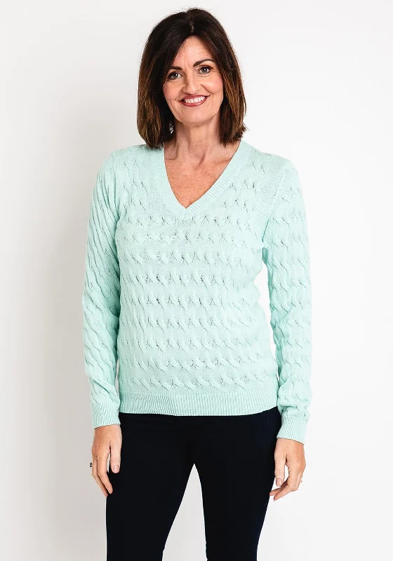 Micha V-Neck Cable Knit Sweater, Mint Terry Blend Velvet Blend Canvas Blend