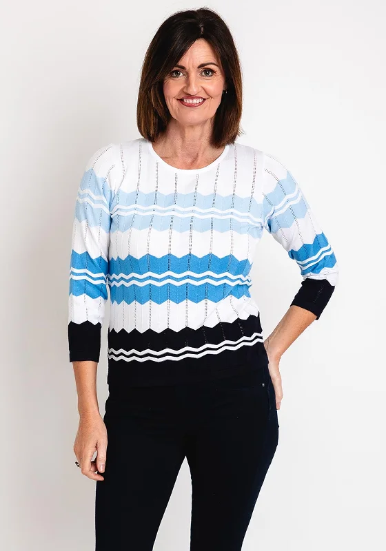 Micha Round Neck Zig Zag Sweater, Blue Print Jacquard Patchwork