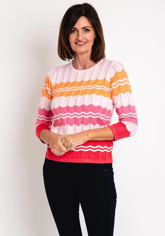 Micha Round Neck Zig Zag Sweater, Pink Toggled Drawstring Belted