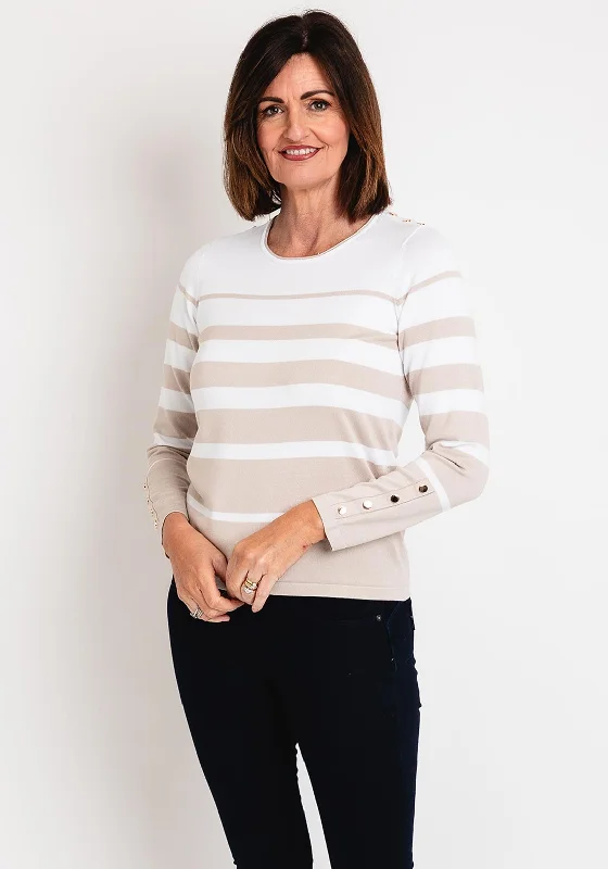 Micha Button Detail Striped Sweater, Beige & White Glossy Satin Silk
