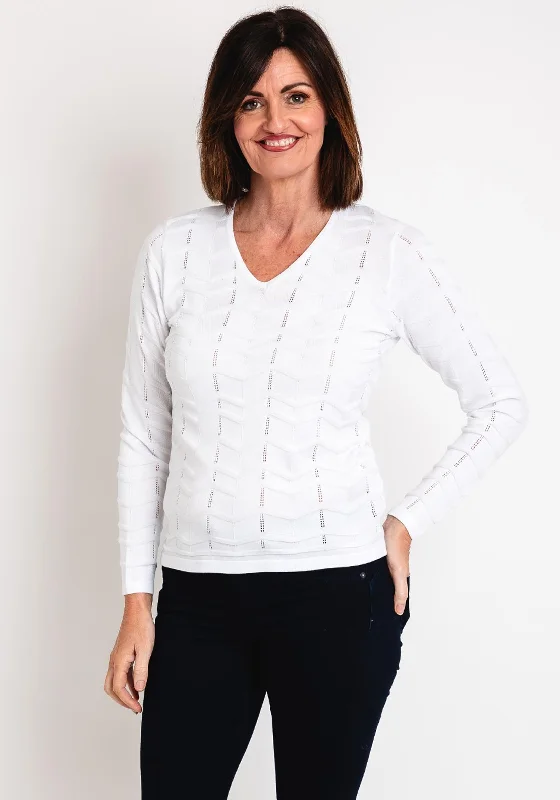 Micha V-Neck Zig Zag Embossed Sweater, White Transparent Opaque Sheer