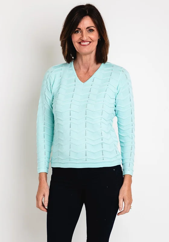 Micha V-Neck Zig Zag Embossed Sweater, Mint Fitted Slim Tailored