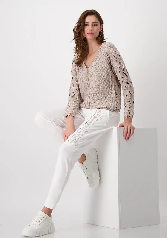Monari Sequin V Neck Knit Jumper, Beige Mesh Fabric Canvas Fabric Denim Fabric