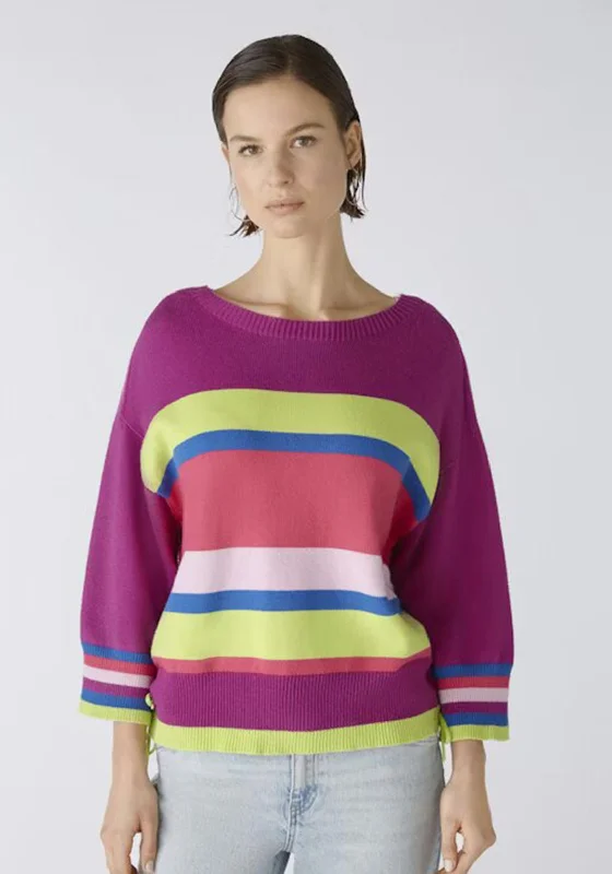 OUI Round Neck Cotton Blen Striped Sweater, Lilac Green Front Pockets Side Pockets Patch Pockets OUI Round Neck Cotton Blen Striped Sweater, Lilac Green Front Pockets Side Pockets Patch Pockets