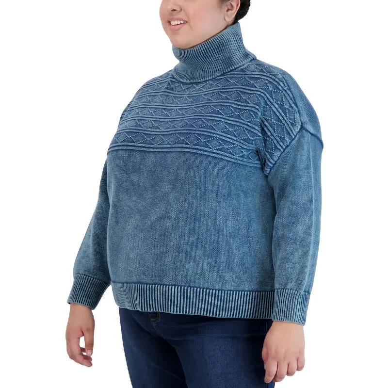 Plus Womens Cable Knit Ribbed Trim Turtleneck Sweater Ribbed Striped Patterned