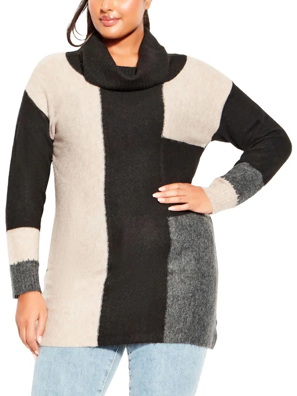 Plus Womens Cowl Neck Colorblock Pullover Sweater Elasticated Padded Insulated
