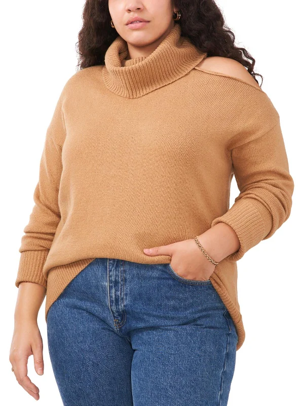 Plus Womens Cut-Out Knit Turtleneck Sweater Mesh Blend Leather Blend Suede Blend