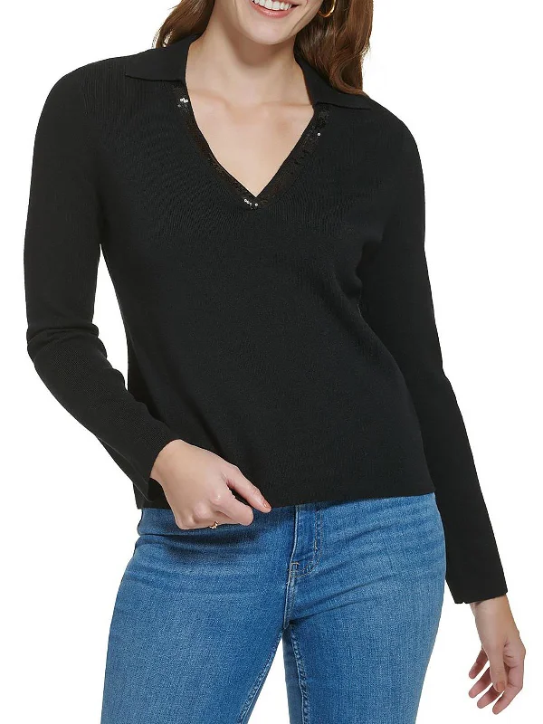 Plus Womens Embellished V-Neck Pullover Sweater Solid Print Embellished