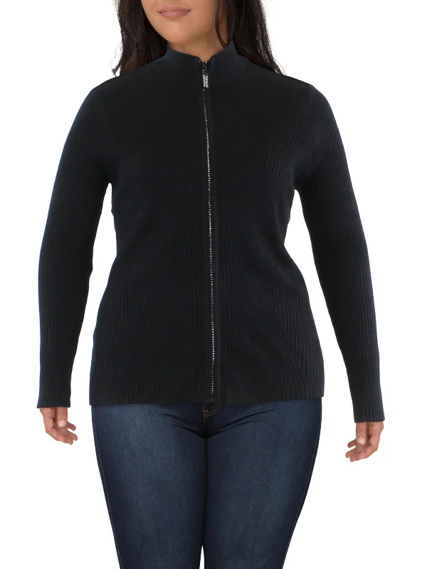 Plus Womens Mock Neck Embellished Full Zip Sweater Soft Cozy Warm