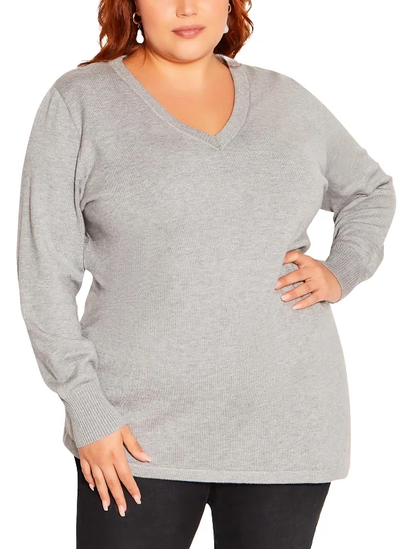Plus Womens Ribbed Trim Stretch V-Neck Sweater High Neck Crew Neck V-Neck