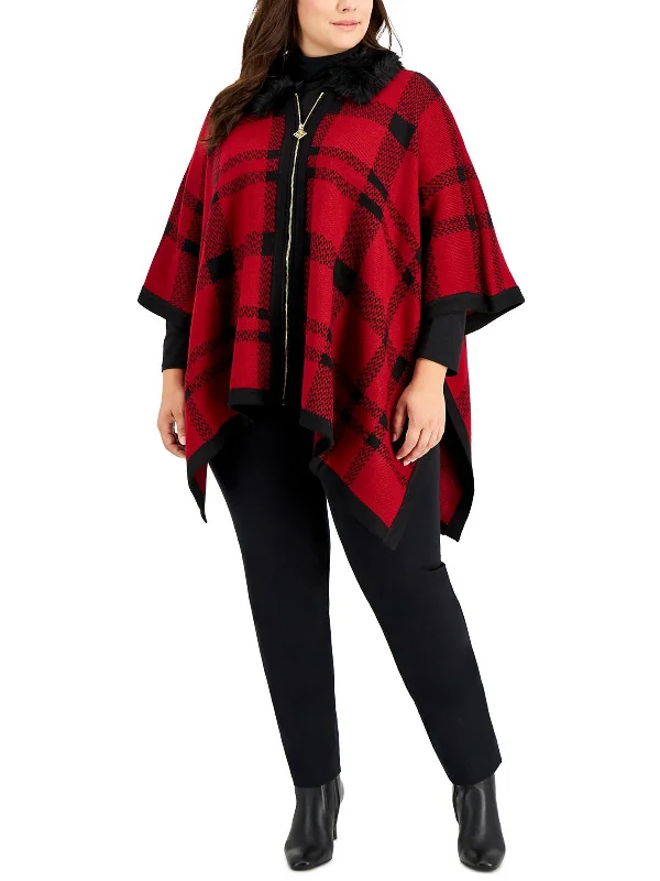 Plus Womens Trimmed Zip Fall Poncho Sweater Lace Blend Ribbed Blend Corduroy Blend