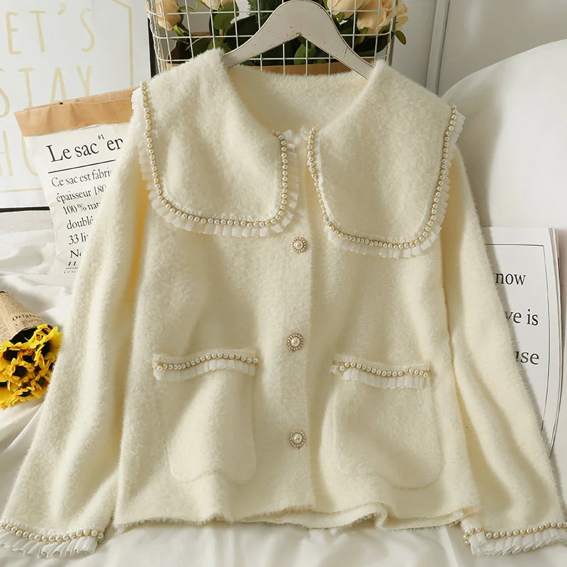 Plush loose coat feminine versatile long sleeved sweater 1798 Notch Collar Peter Pan Collar Cowl Neck Plush loose coat feminine versatile long sleeved sweater 1798 Notch Collar Peter Pan Collar Cowl Neck