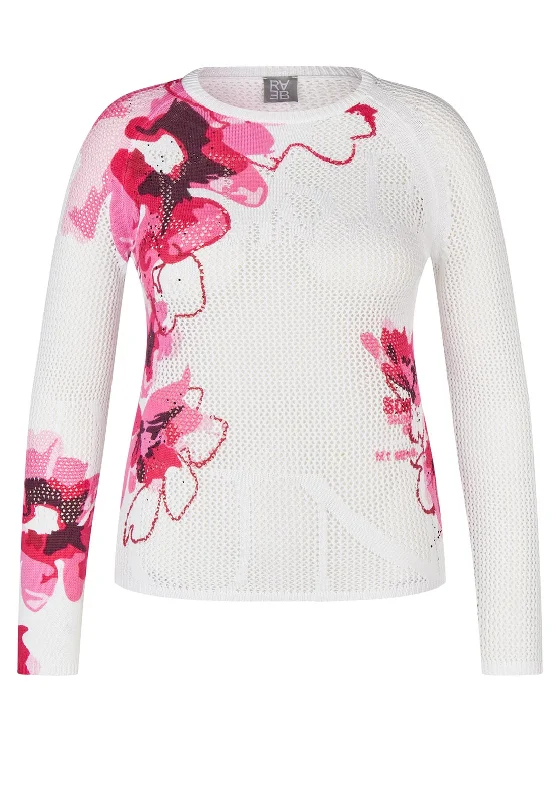 Rabe Floral Print Ajour Knitted Sweater, White Lightweight Heavyweight Midweight