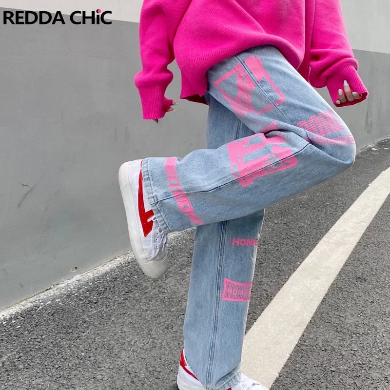 Y2k Jeans Women Graphic Pink Casual Pants Straight Wide Leg Trend Elegant Tapered Leg Denim