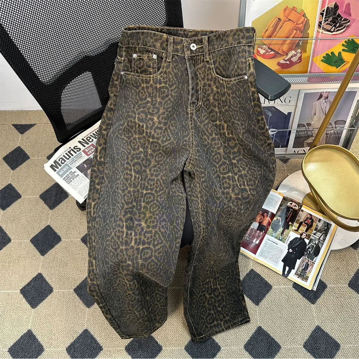 Retro Spring Trendy Leopard Print Jeans Women's American High Street Trousers Cozy Relaxed Fit Denim Jeans Retro Spring Trendy Leopard Print Jeans Women's American High Street Trousers Cozy Relaxed Fit Denim Jeans