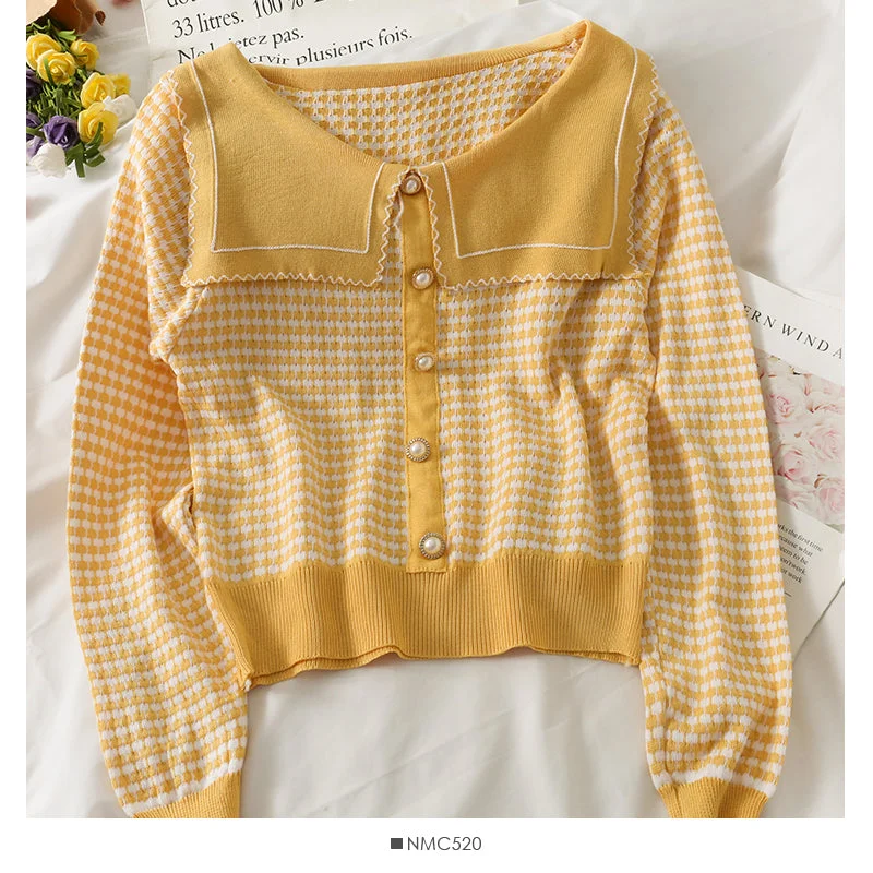 Slim and slim check long sleeve sweater women's doll neck 1760 Houndstooth Herringbone Solid Slim and slim check long sleeve sweater women's doll neck 1760 Houndstooth Herringbone Solid