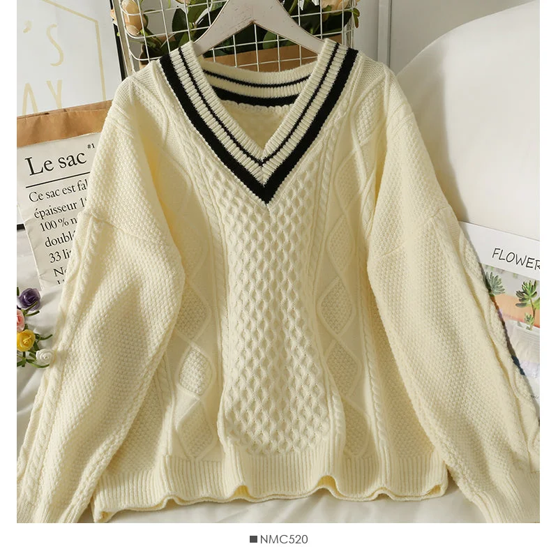 Sweater female diamond check loose thin sweater Korean V-neck 1863 Ribbed Striped Patterned Sweater female diamond check loose thin sweater Korean V-neck 1863 Ribbed Striped Patterned