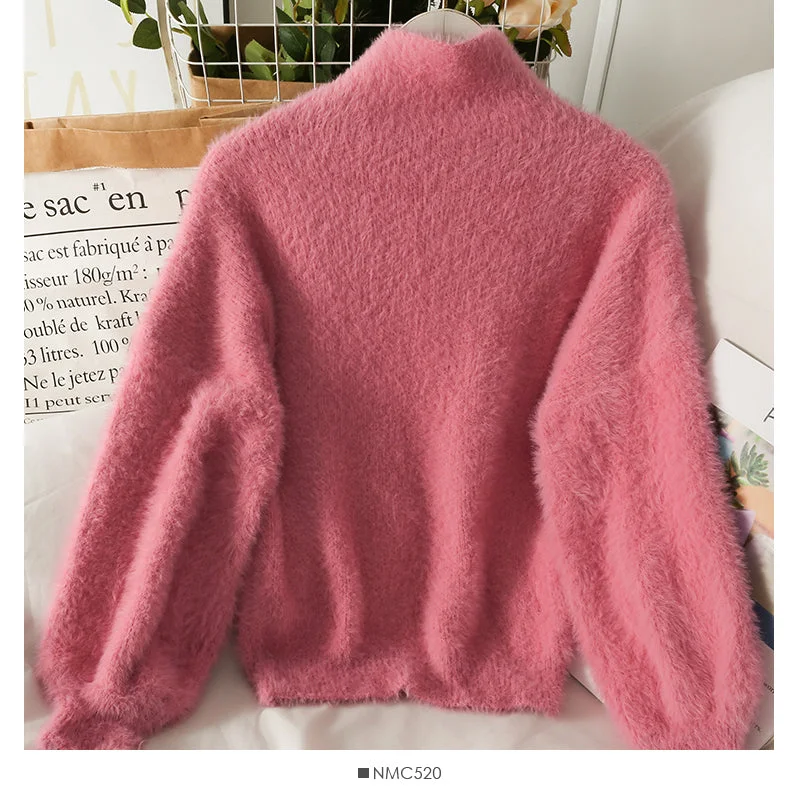 Sweater female Plush high neck slim fit solid color versatile long sleeve top  1764 Embroidered Appliqued Beaded