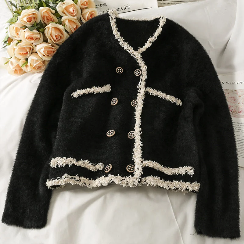 Sweater women's loose and thin double breasted open  1853 Striped Floral Plaid