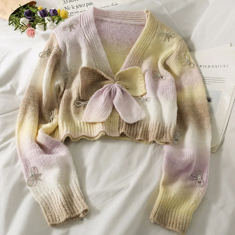 Sweet wind gradient color matching bow contrast short sweater 1783 Spandex Rayon Corduroy Sweet wind gradient color matching bow contrast short sweater 1783 Spandex Rayon Corduroy