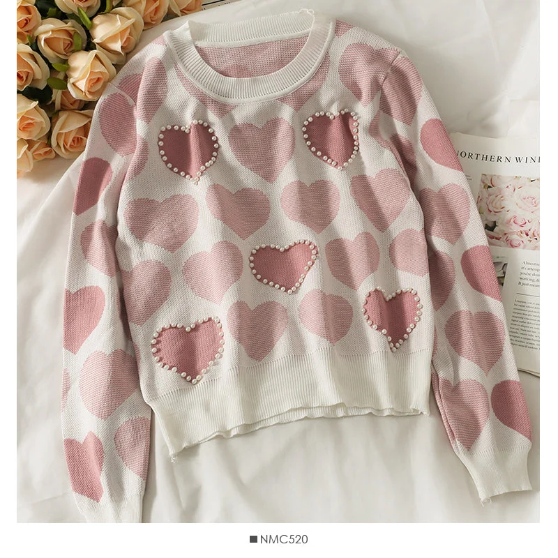 Sweet wind nail pearl heart print sweater for women  1839 Long Sweater Short Sweater Cropped Sweater