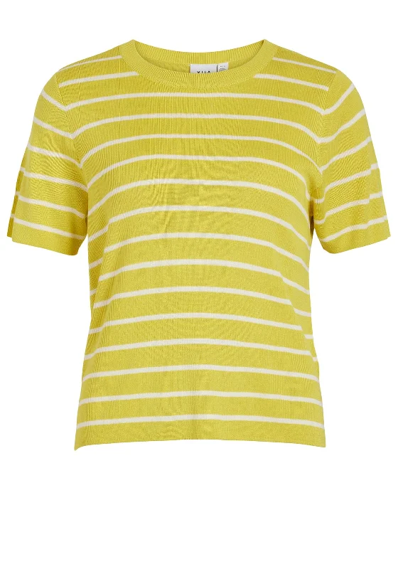 Vila Fulina Round Neck Striped Sweater, Yellow Solid Color Striped Floral Print
