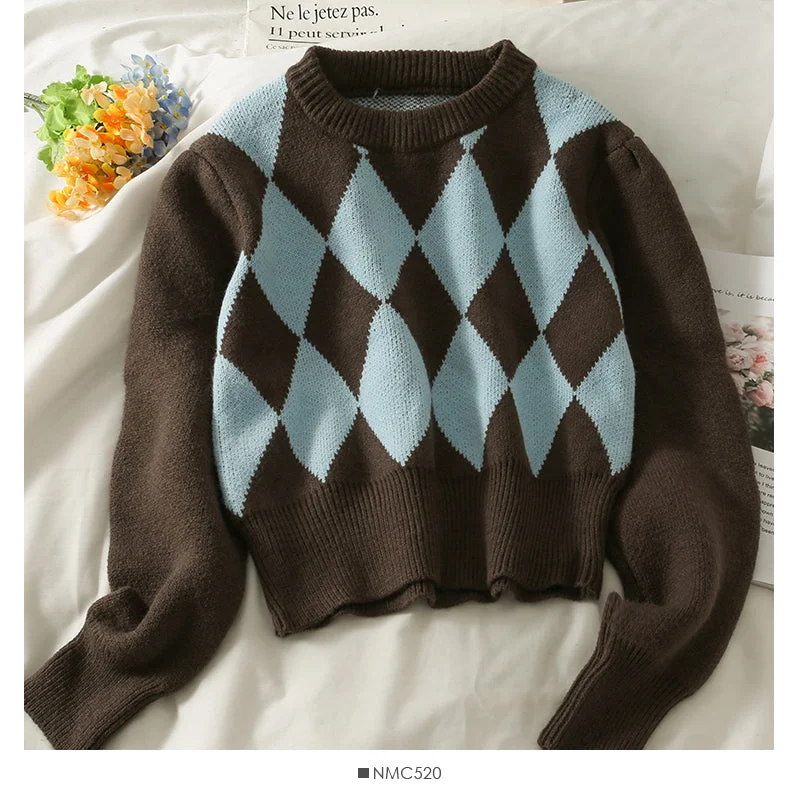 Vintage color blocking diamond check crew neck short Pullover Sweater 1878 Silk Blend Satin Velvet Vintage color blocking diamond check crew neck short Pullover Sweater 1878 Silk Blend Satin Velvet