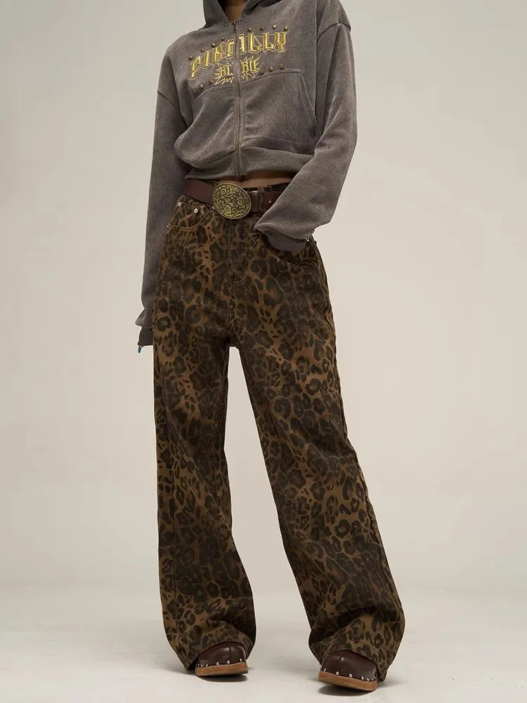 Leopard Jeans Women Denim Pants Female Wide Leg Trousers Stylish High-Waist Jeans