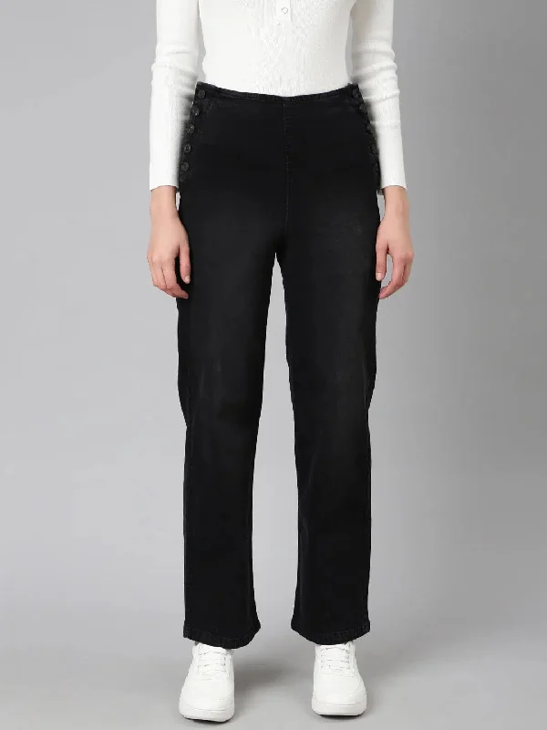 Women Black Solid Straight Fit Denim Jeans-IM-10970-Black Elegant Raw Hem Jeans