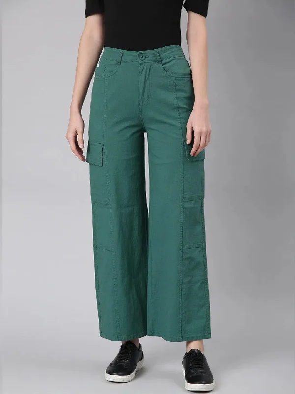 Women Green Solid Wide Leg Denim Jeans-IM-10777-Green Stylish Paperbag Waist Denim