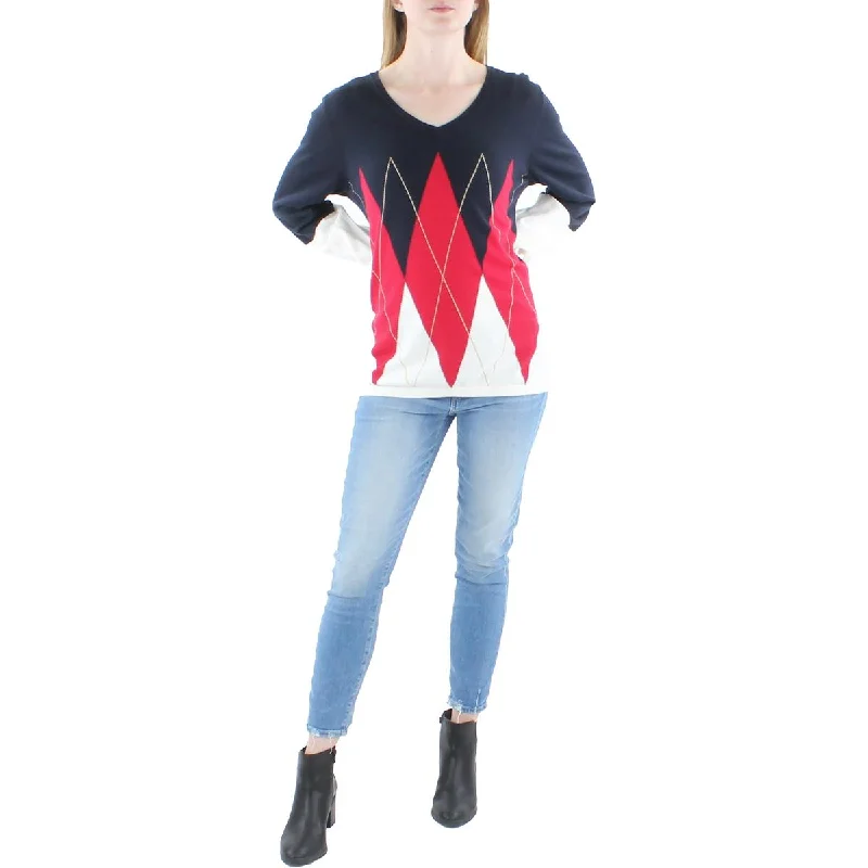 Womens Argyle Colorblocked Pullover Sweater Ribbed Striped Patterned