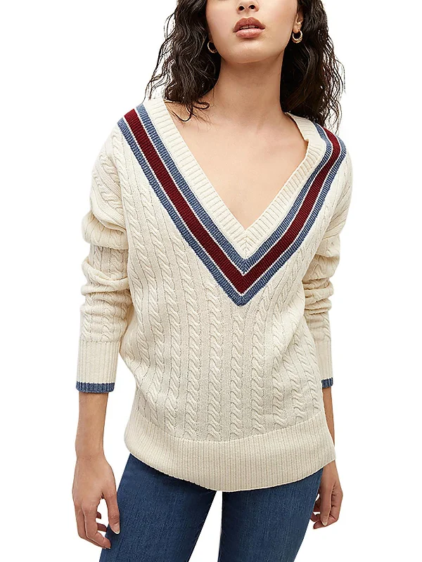 Womens Cable-Knit Ribbed Trim V-Neck Sweater Anti-Pilling Anti-Shrink Durable
