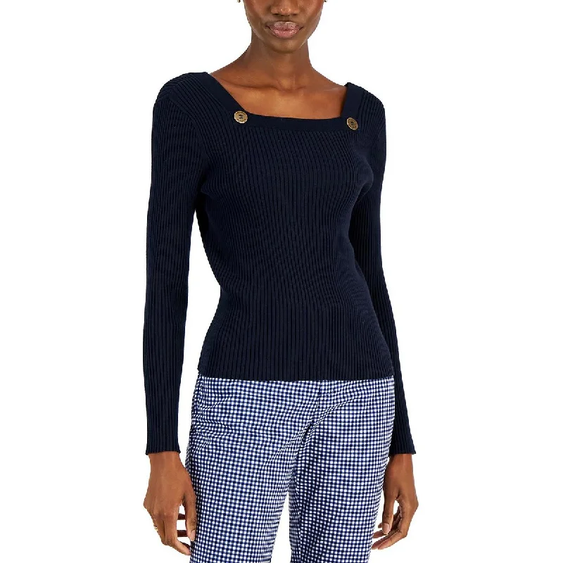 Womens Cotton Blend Embellished Pullover Sweater Zippered Buttoned Snapped