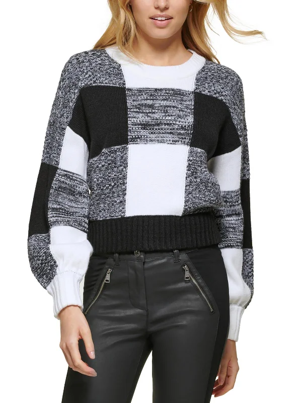 Womens Crewneck Ribbed Trim Pullover Sweater Ribbed Striped Patterned