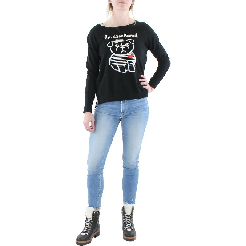 Womens Graphic Knit Pullover Sweater Front Pockets Side Pockets Patch Pockets
