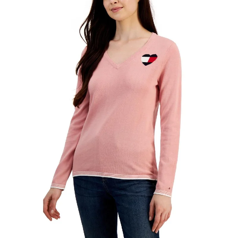 Womens Heart Stripe Trim V-Neck Sweater Cable Knit Ribbed Knit Lace Knit