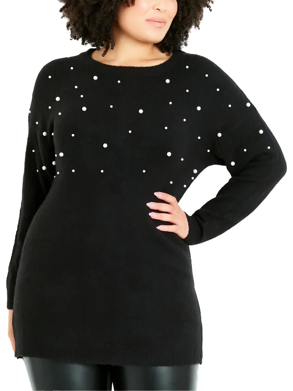 Womens Knit Embellished Crewneck Sweater Satin Fabric Silk Fabric Chiffon Fabric