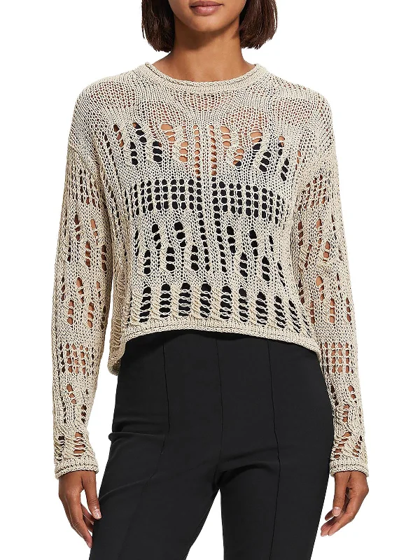 Womens Open Stitch Knit Pullover Sweater Front Pockets Side Pockets Patch Pockets