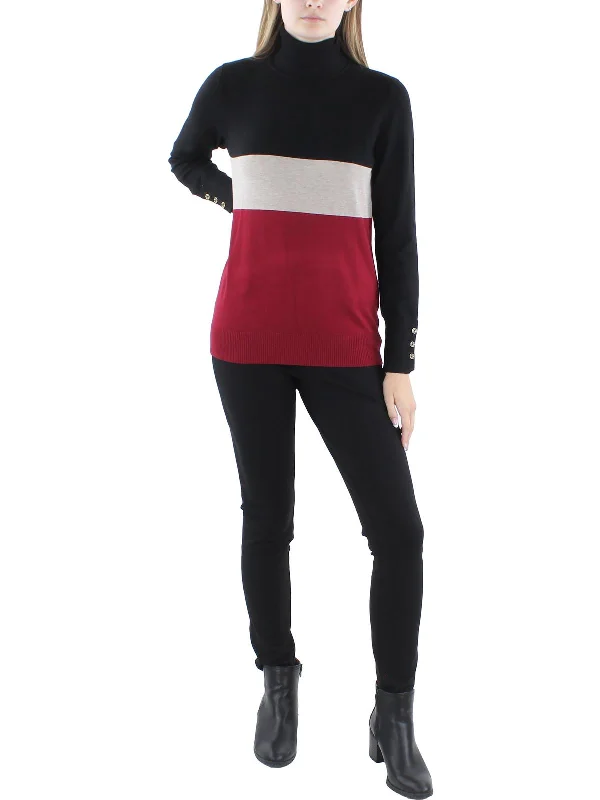 Womens Ribbed Trim Colorblock Turtleneck Sweater Neon Metallic Matte