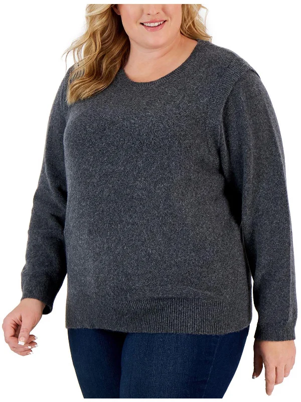 Womens Ribbed Trim Knit Crewneck Sweater Fitted Slim Tailored