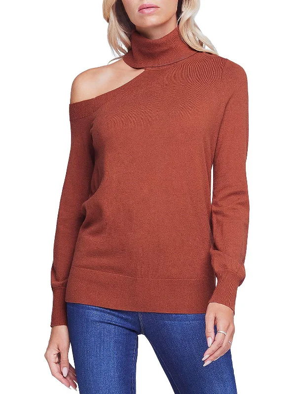 Womens Ribbed Trim One Shoulder Sweater Embroidered Appliqued Beaded