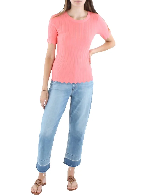 Womens Scalloped Short Sleeve Pullover Sweater Bright Pastel Dark