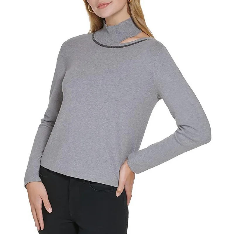 Womens Sequined Mock Neck Pullover Sweater Transparent Opaque Sheer