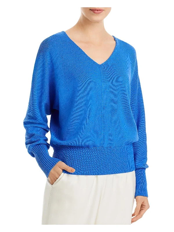 Womens Silk Blend V-Neck Pullover Sweater Ribbed Striped Patterned